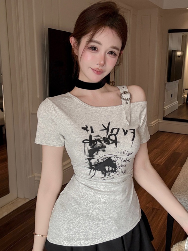 T Shirt Tight Fit - Fashionable Trendy Shoulder Bared Short Sleeve